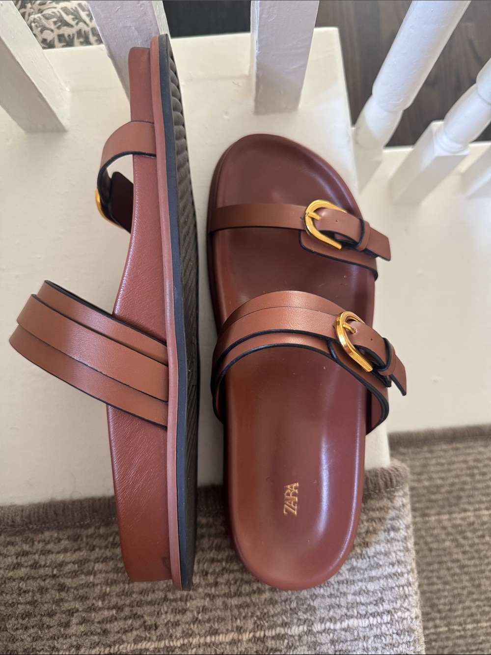 ZARA Women’s Brown Double-Buckle Slide Sandals with Gold Buckles - Picture 2 of 2